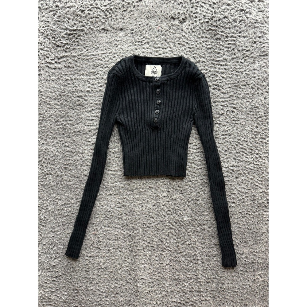 Unif X UO Ribbed Knit Cropped Henley Long Sleeve Top Black Womens Size XS